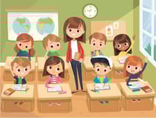 Teacher with Pupils in a Classroom. Pupils Attend Classes Raising Hands  Listen To Teacher. Stock Vector - Illustration of seat, lesson: 192011379