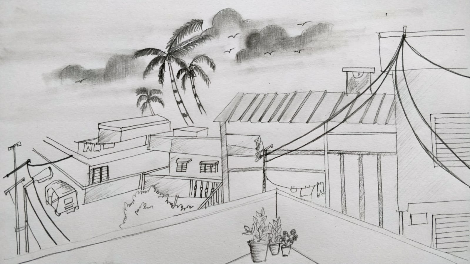 Sketch from memory the following to a sufficiently large size with proper  rendering Scene of a village